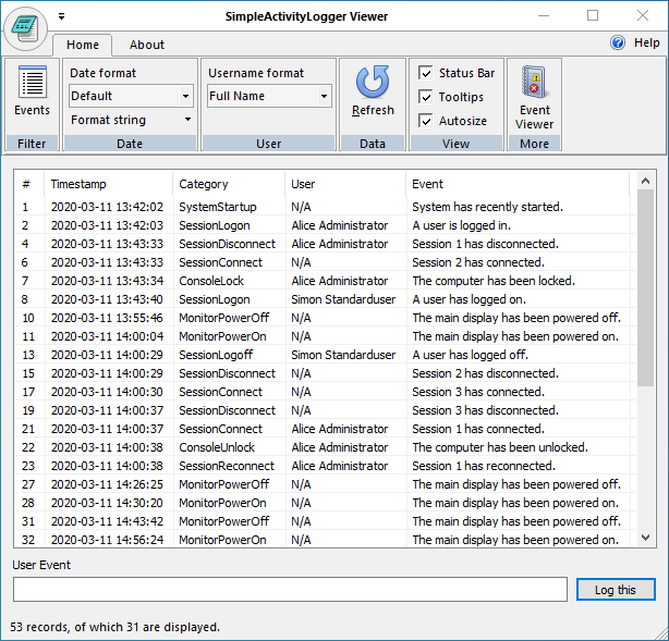 Click to view SimpleActivityLogger 1.3.0 screenshot
